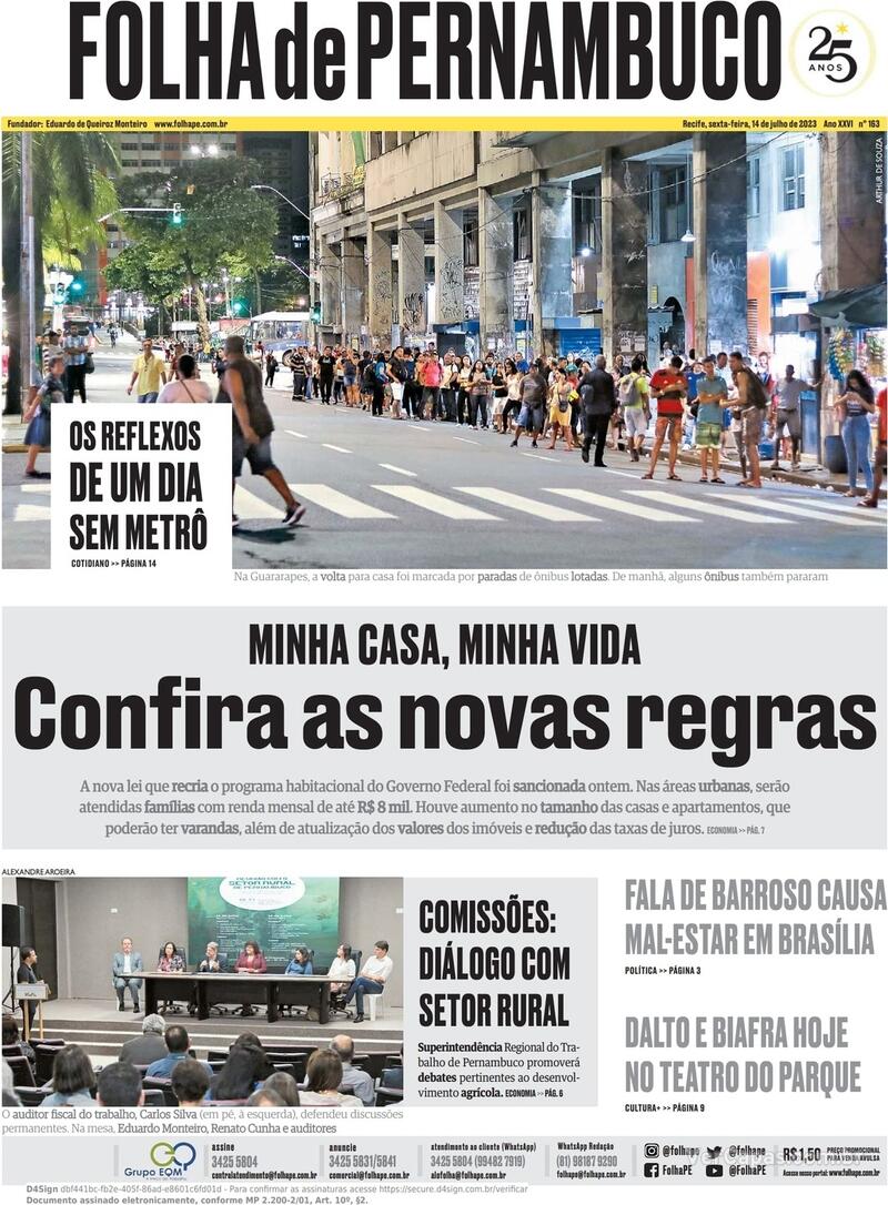 Capa Folha De Pernambuco Edi O Sexta De Julho De