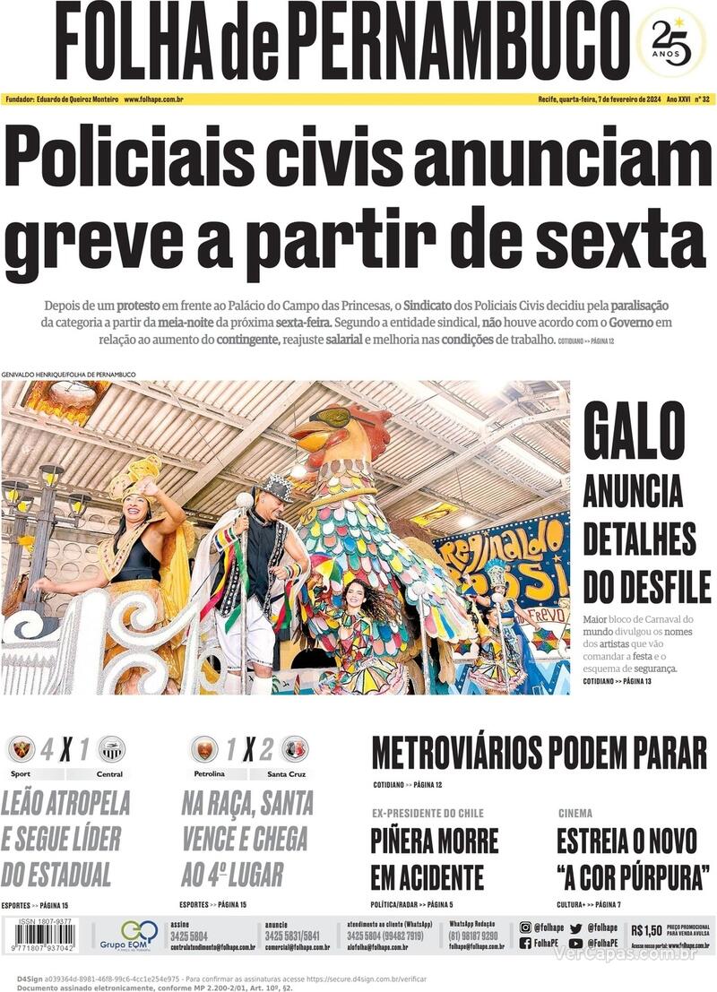 Capa Folha De Pernambuco Edição Quarta, 7 De Fevereiro De 2024