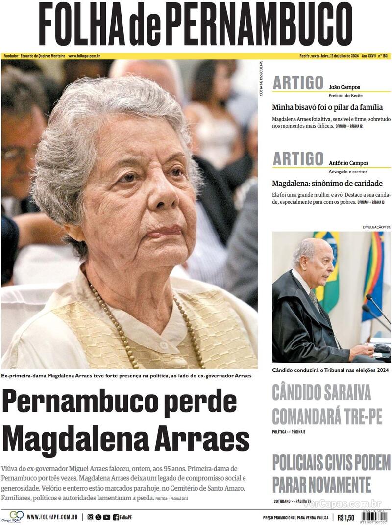 Capa Folha De Pernambuco Edição Sexta,12 De Julho De 2024