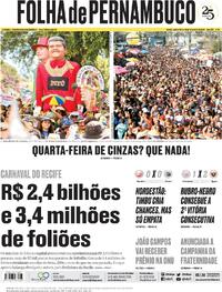 Capa do jornal Folha de Pernambuco 15/02/2024