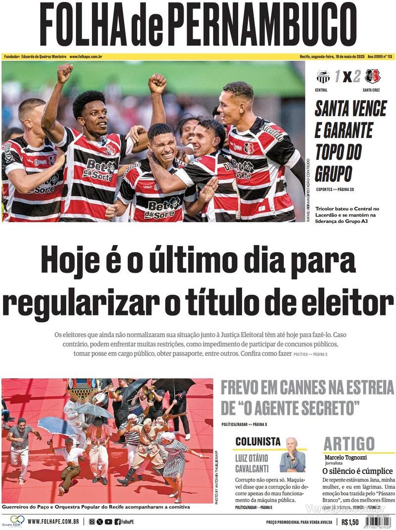 Capa do jornal Folha de Pernambuco 19/05/2025