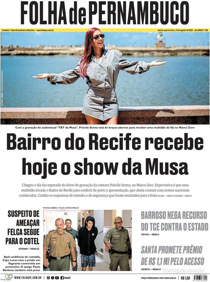Capa do jornal Folha de Pernambuco 27/08/2025