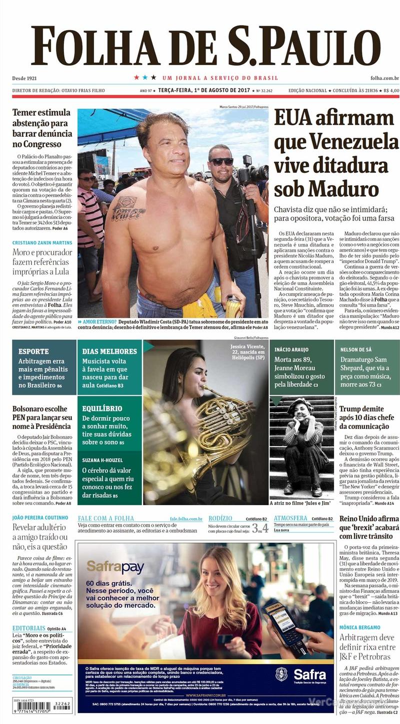 Capa do jornal Folha de S.Paulo 01/08/2017
