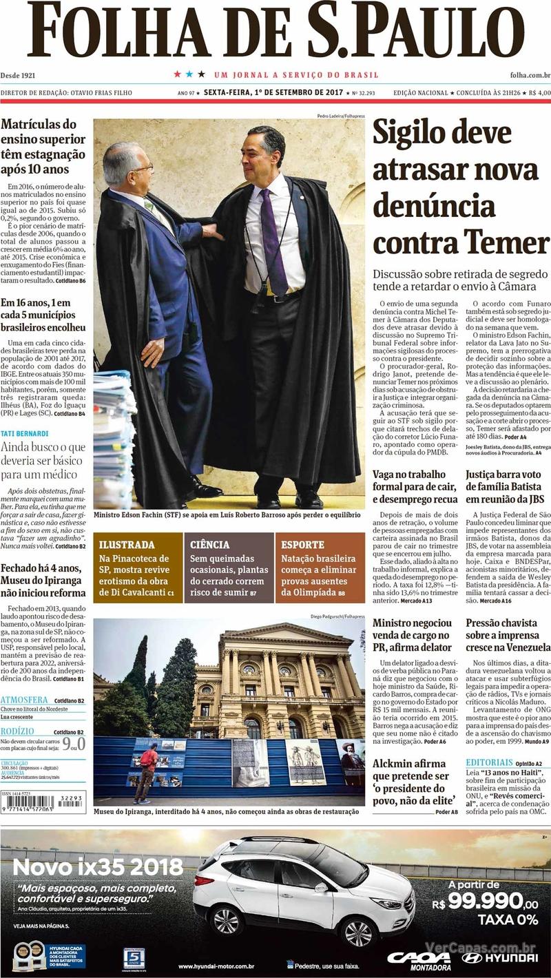 Capa do jornal Folha de S.Paulo 01/09/2017