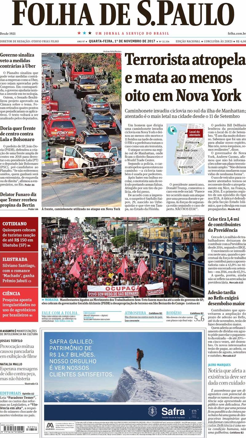 Capa do jornal Folha de S.Paulo 01/11/2017