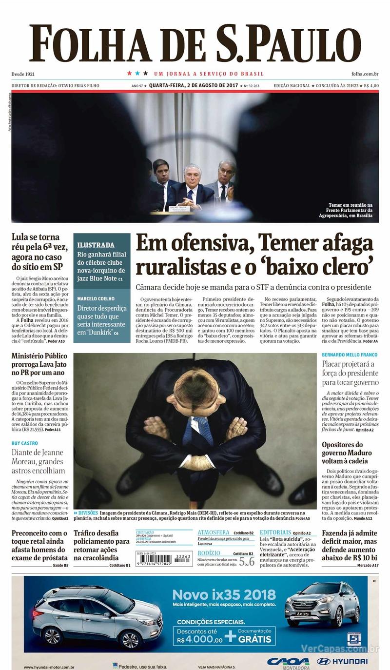 Capa do jornal Folha de S.Paulo 02/08/2017