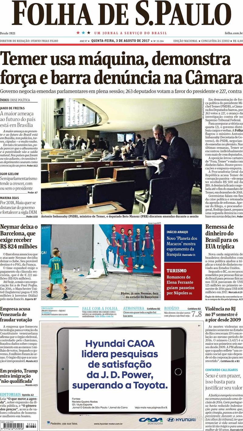 Capa do jornal Folha de S.Paulo 03/08/2017