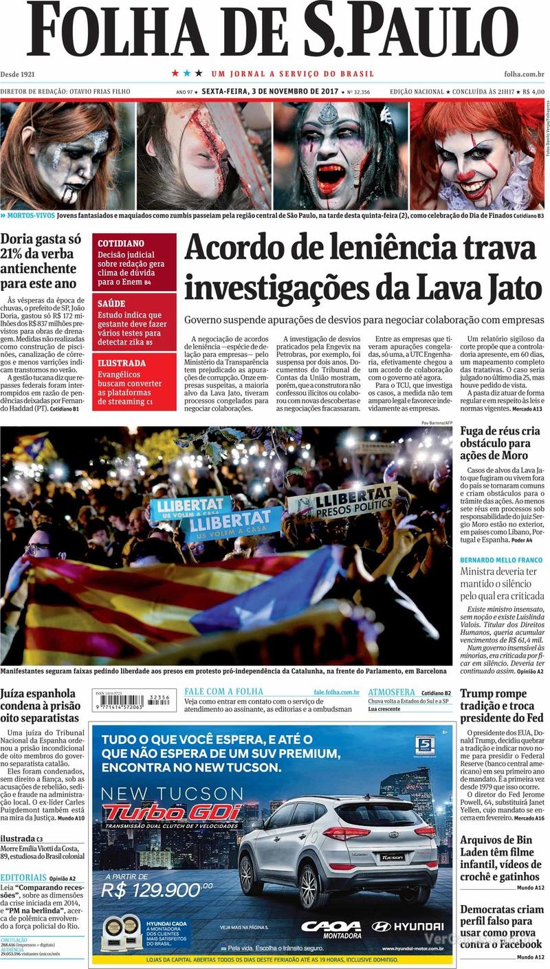 Capa do jornal Folha de S.Paulo 03/11/2017