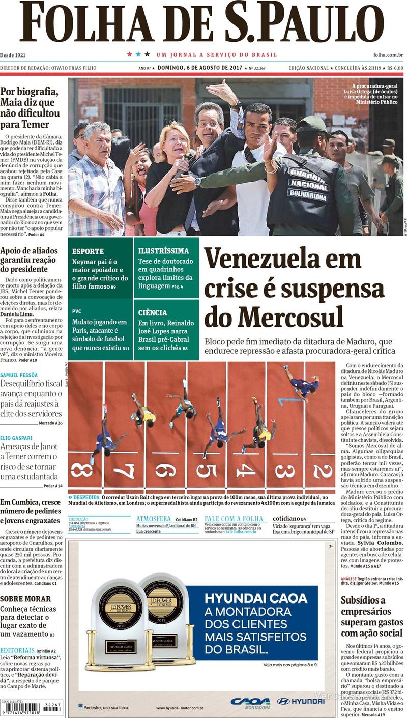 Capa do jornal Folha de S.Paulo 06/08/2017
