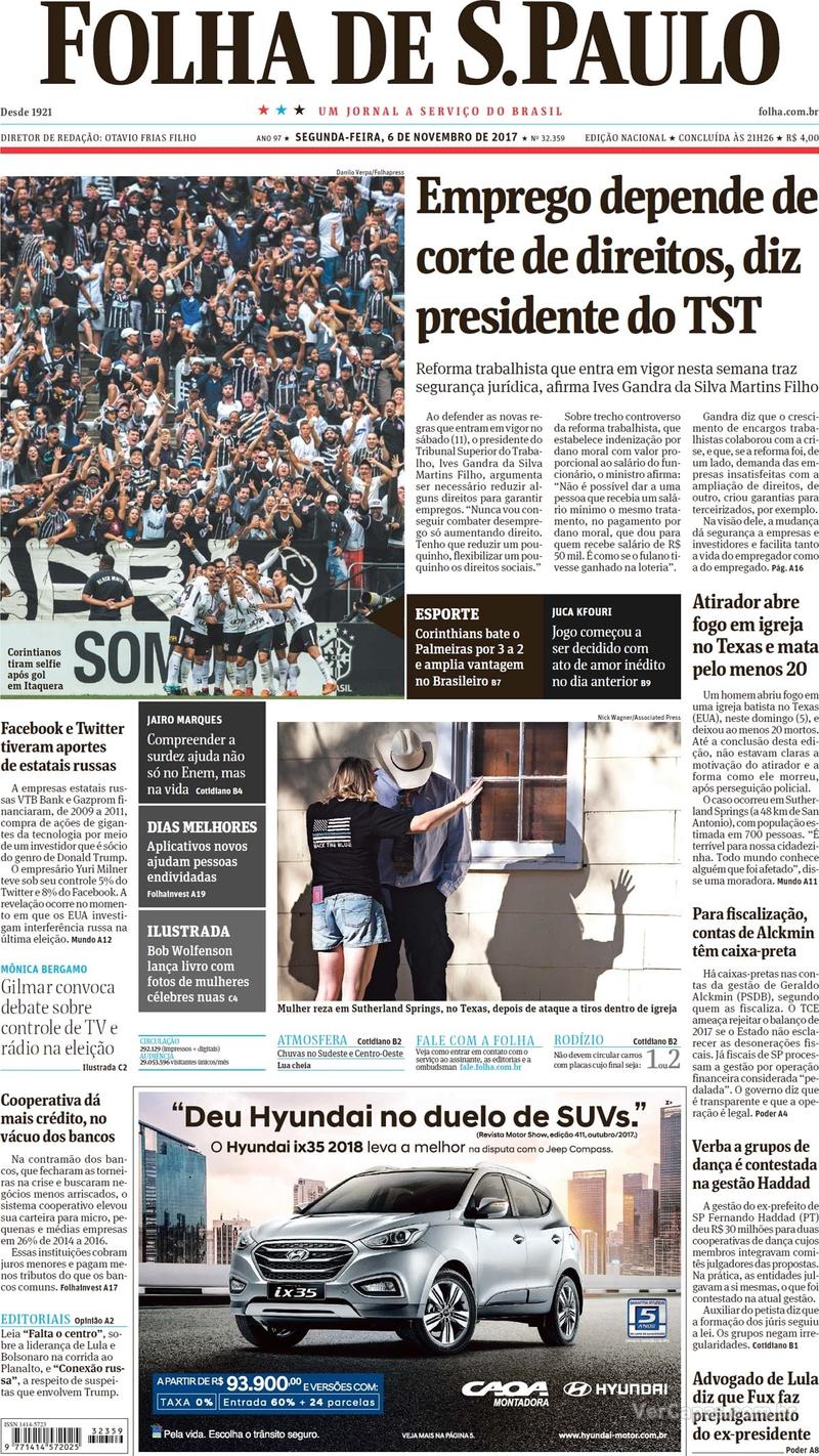 Capa do jornal Folha de S.Paulo 06/11/2017