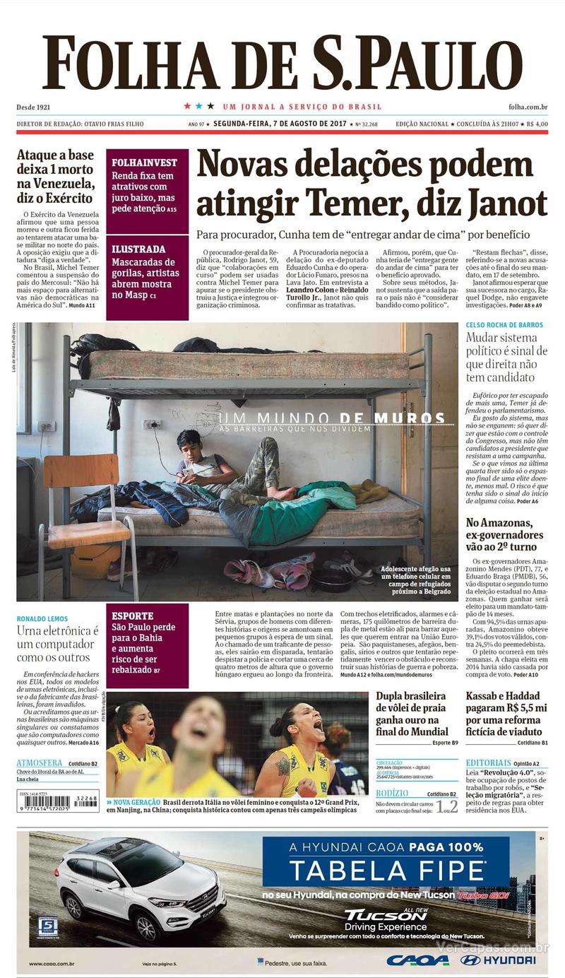 Capa do jornal Folha de S.Paulo 07/08/2017
