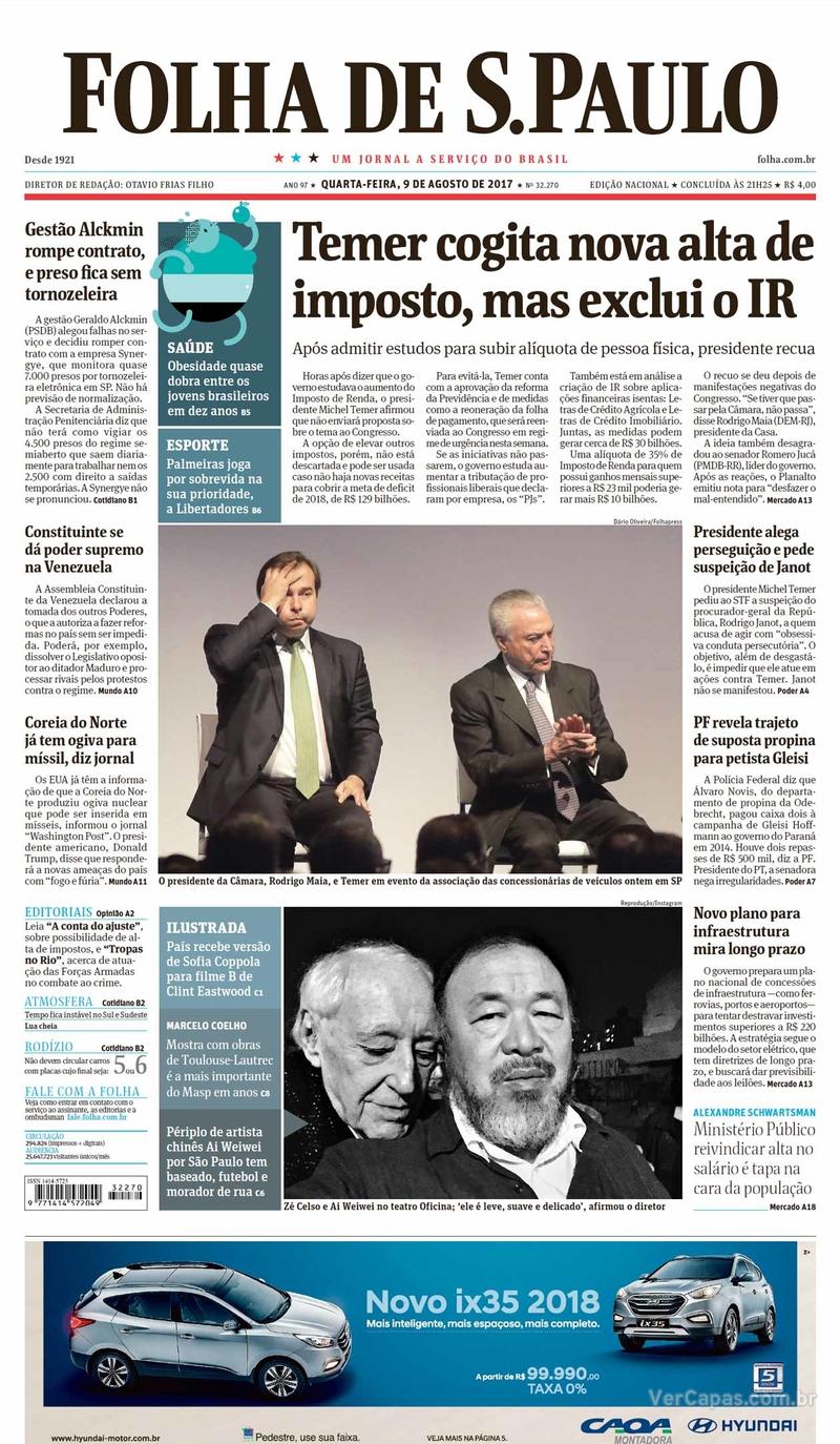 Capa do jornal Folha de S.Paulo 09/08/2017