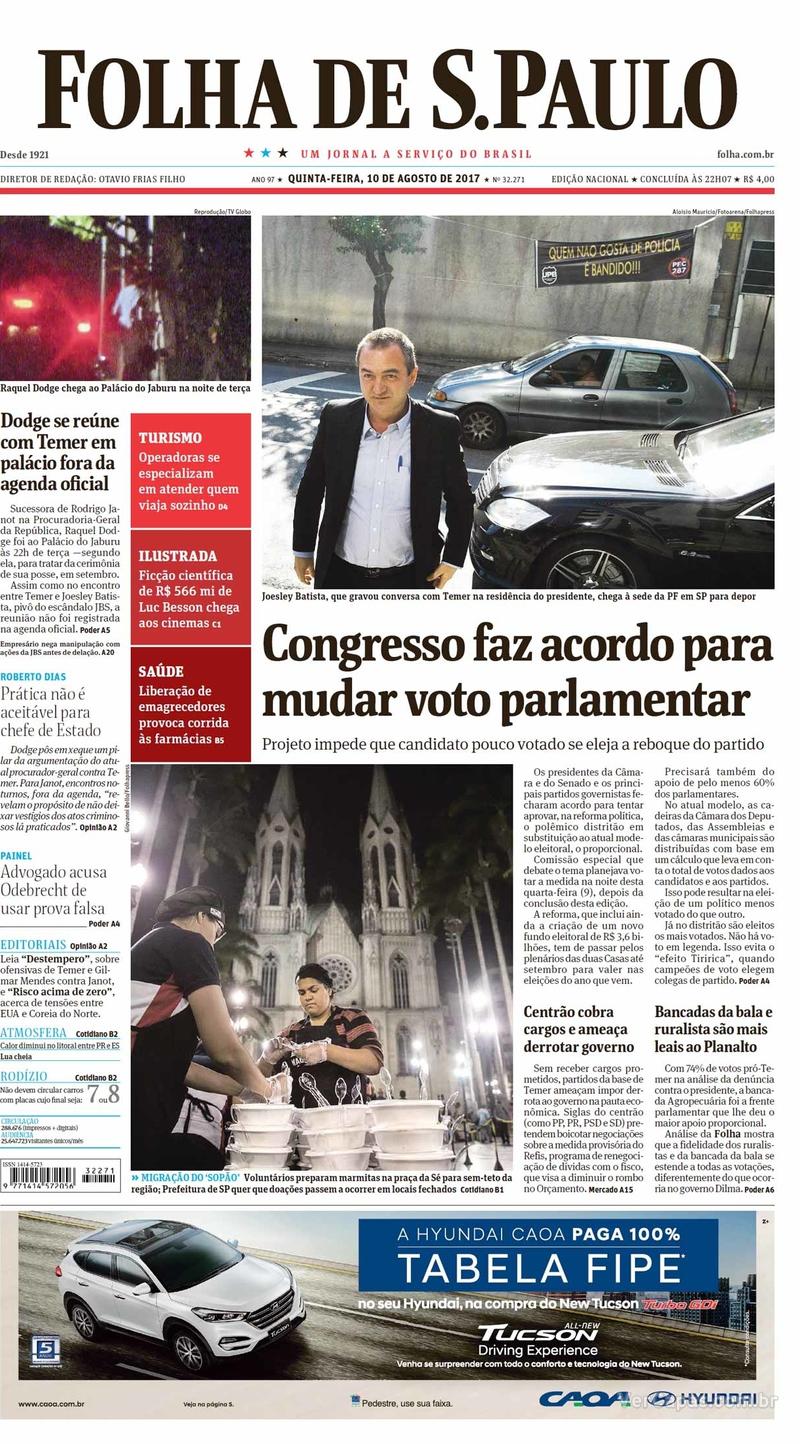 Capa do jornal Folha de S.Paulo 10/08/2017