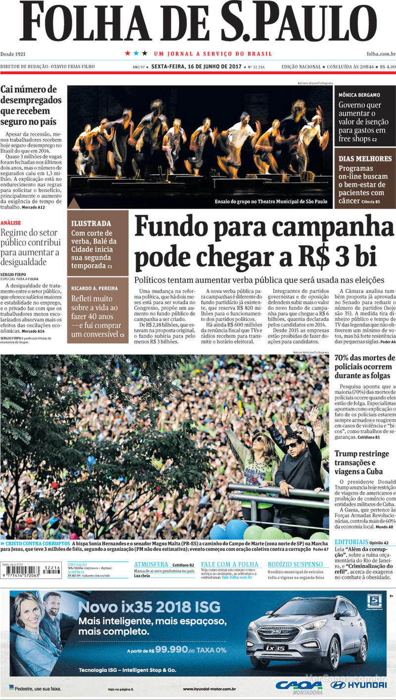 Capa Folha de S.Paulo 2017-06-16