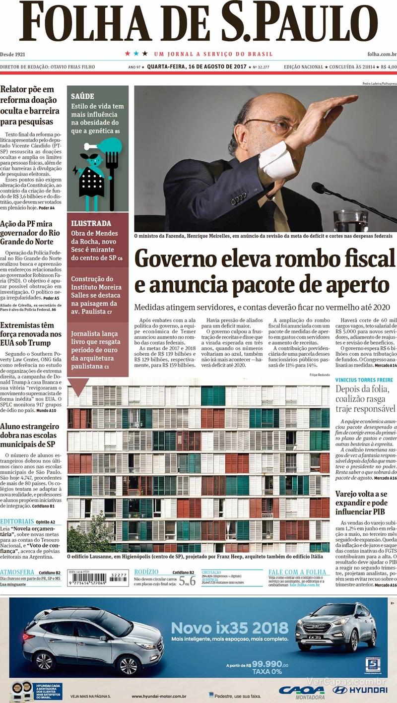 Capa do jornal Folha de S.Paulo 16/08/2017