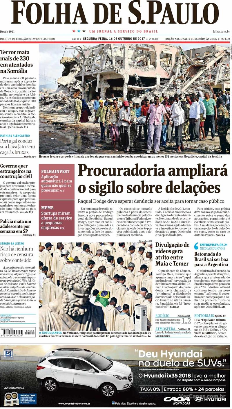 Capa do jornal Folha de S.Paulo 16/10/2017