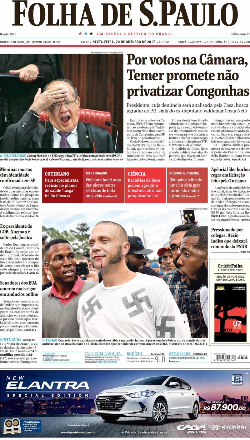 Capa do jornal Folha de S.Paulo 20/10/2017