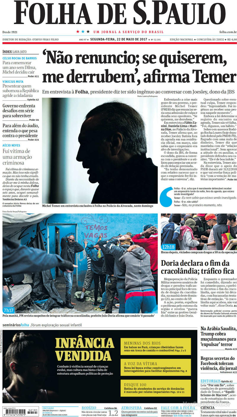 Capa Folha De S Paulo Edição Segunda 22 De Maio De 2017