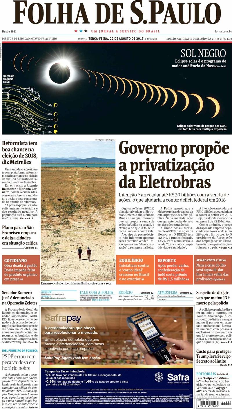 Capa do jornal Folha de S.Paulo 22/08/2017