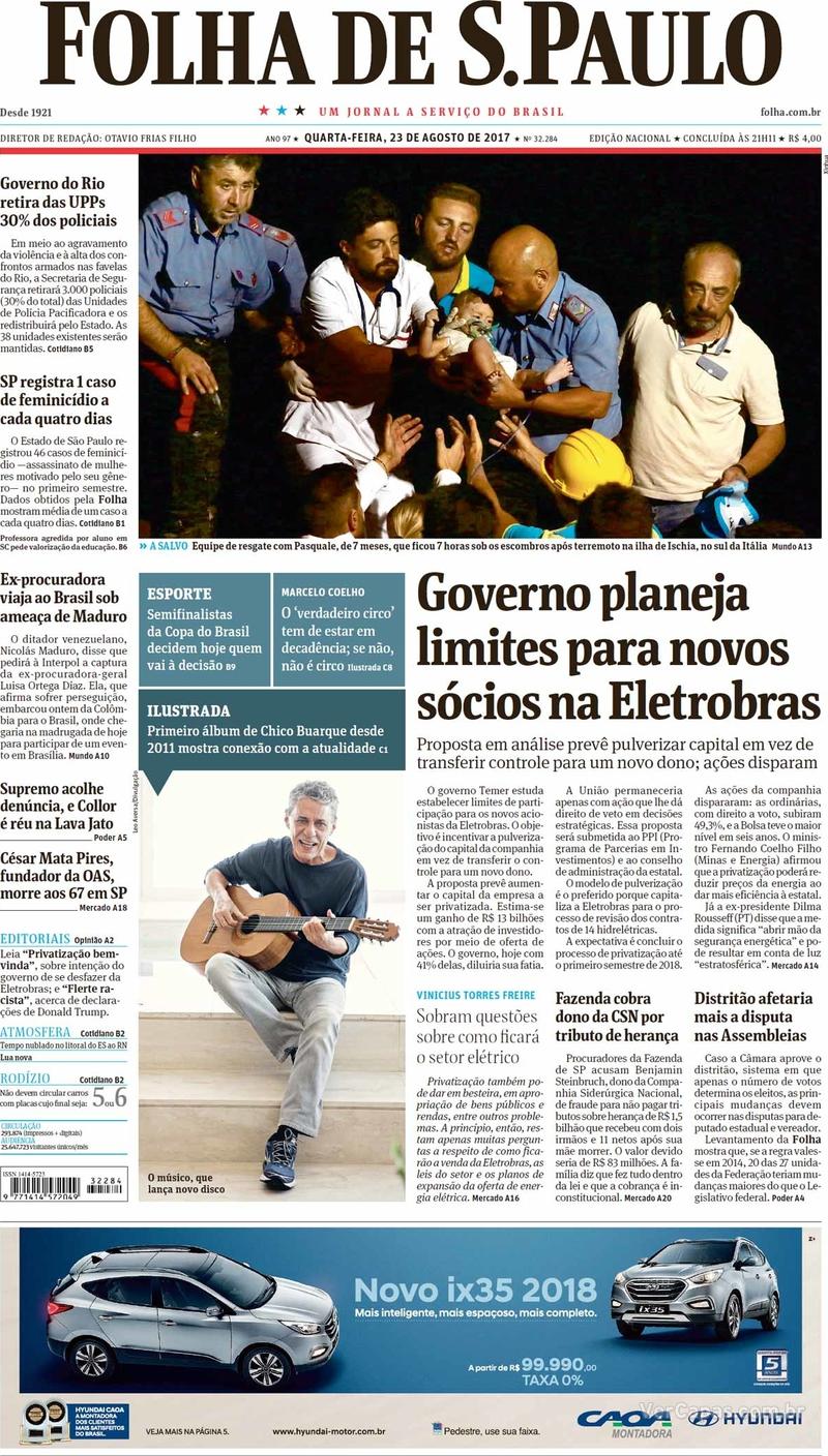 Capa do jornal Folha de S.Paulo 23/08/2017