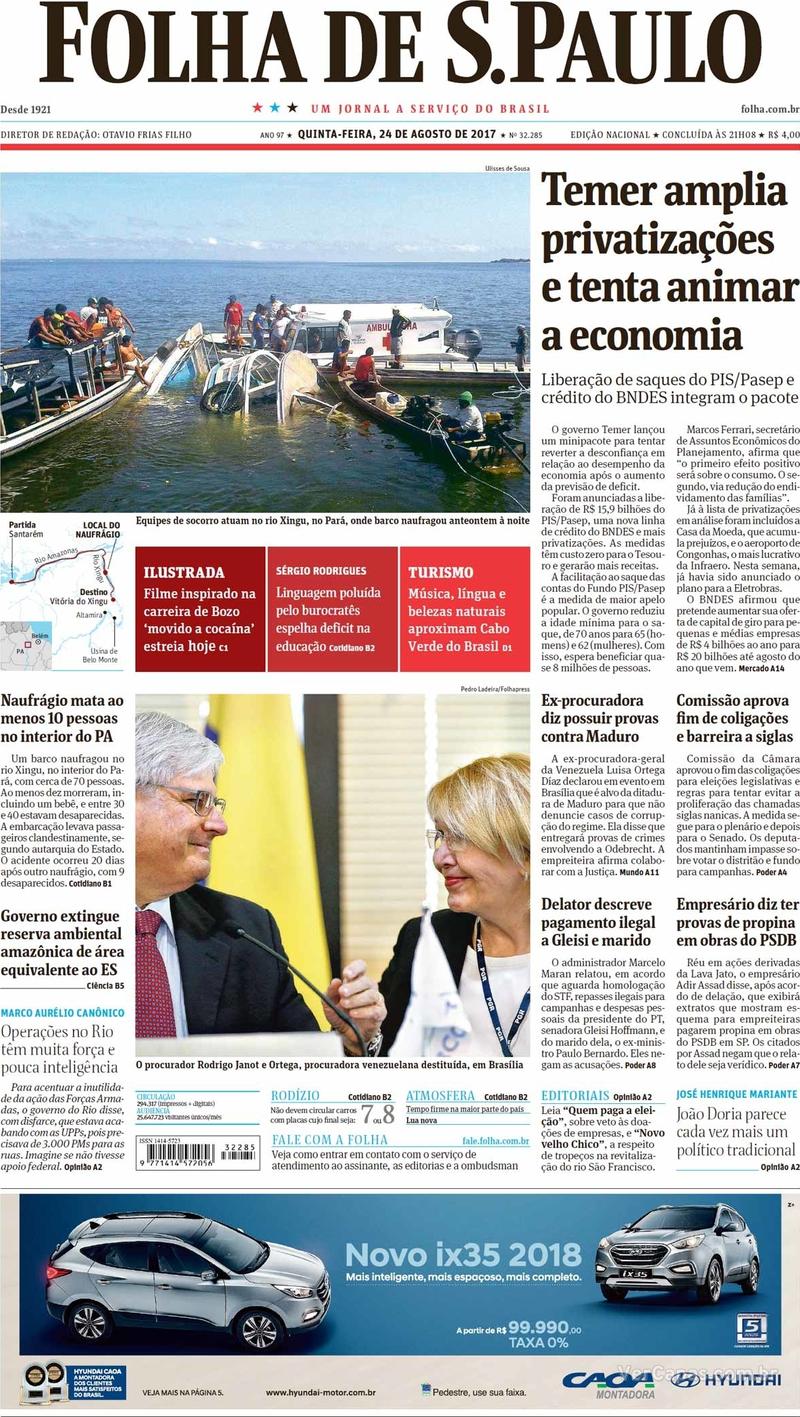 Capa do jornal Folha de S.Paulo 24/08/2017