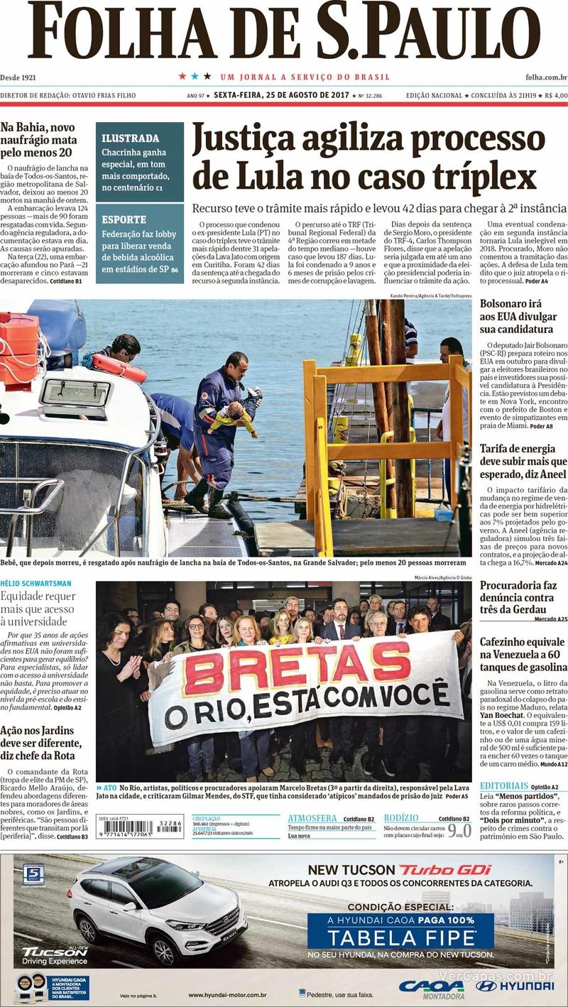 Capa do jornal Folha de S.Paulo 25/08/2017