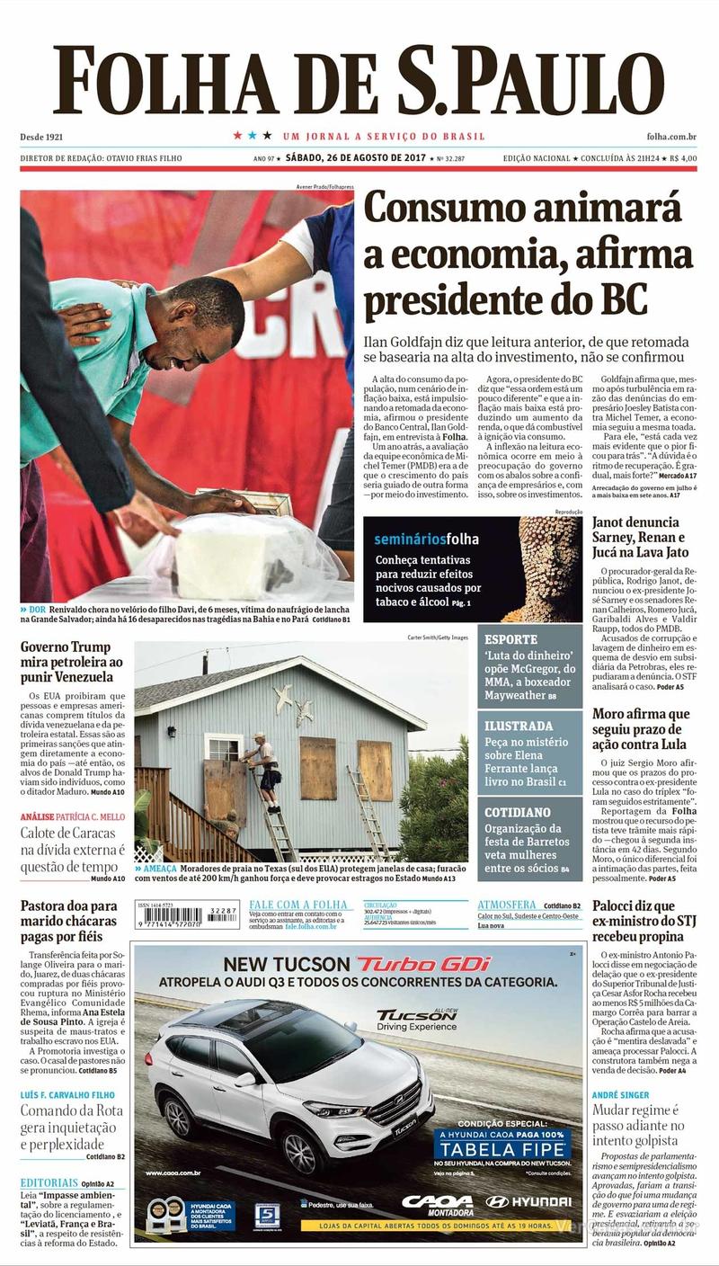 Capa do jornal Folha de S.Paulo 26/08/2017