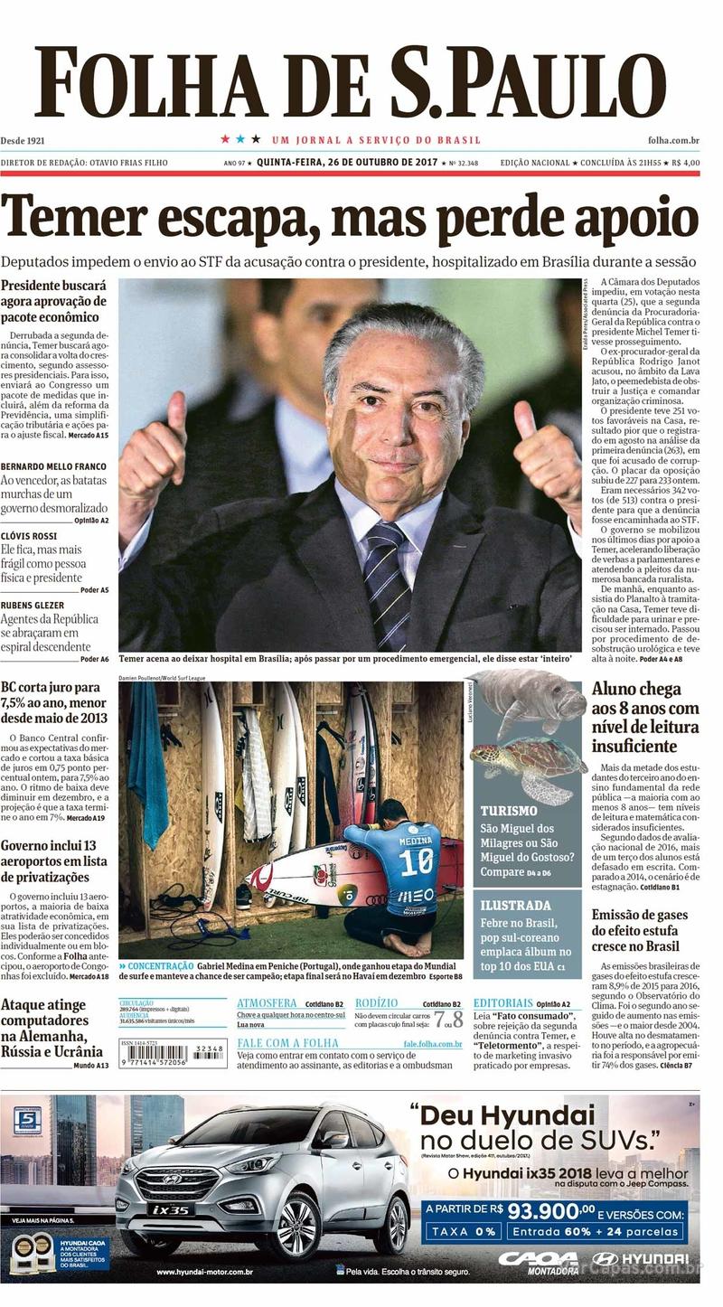 Capa do jornal Folha de S.Paulo 26/10/2017