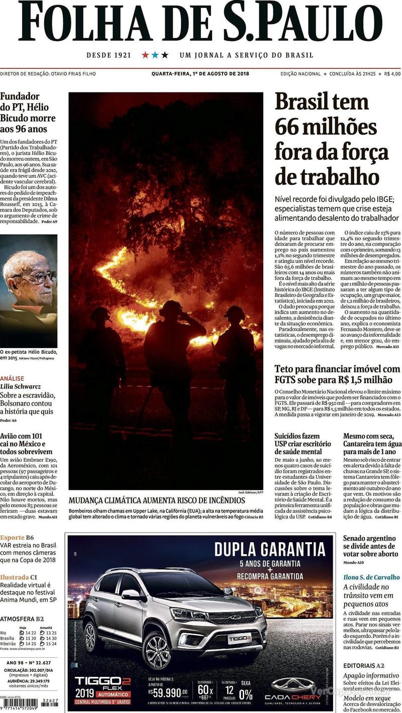Capa Folha de S.Paulo 2018-08-01