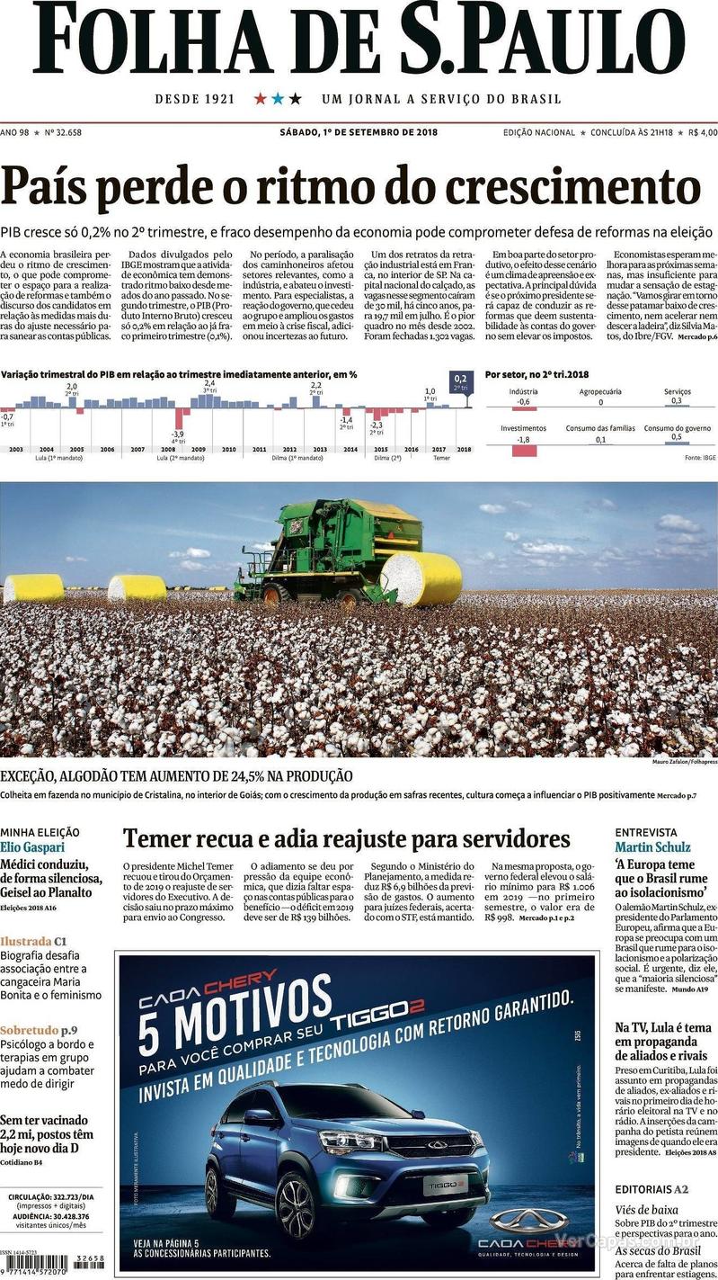 Capa Folha de S.Paulo 2018-09-01