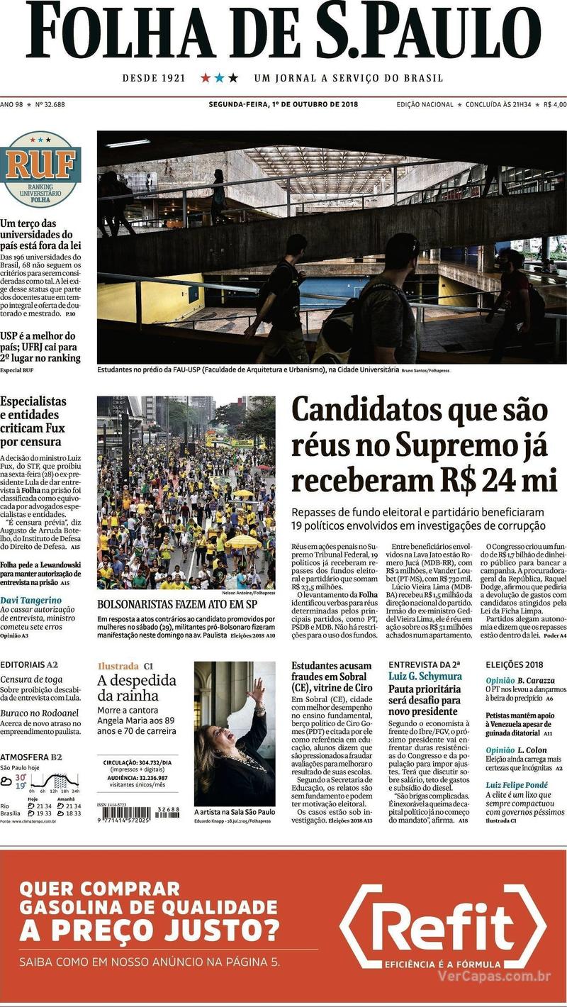 Capa Folha de S.Paulo 2018-10-01