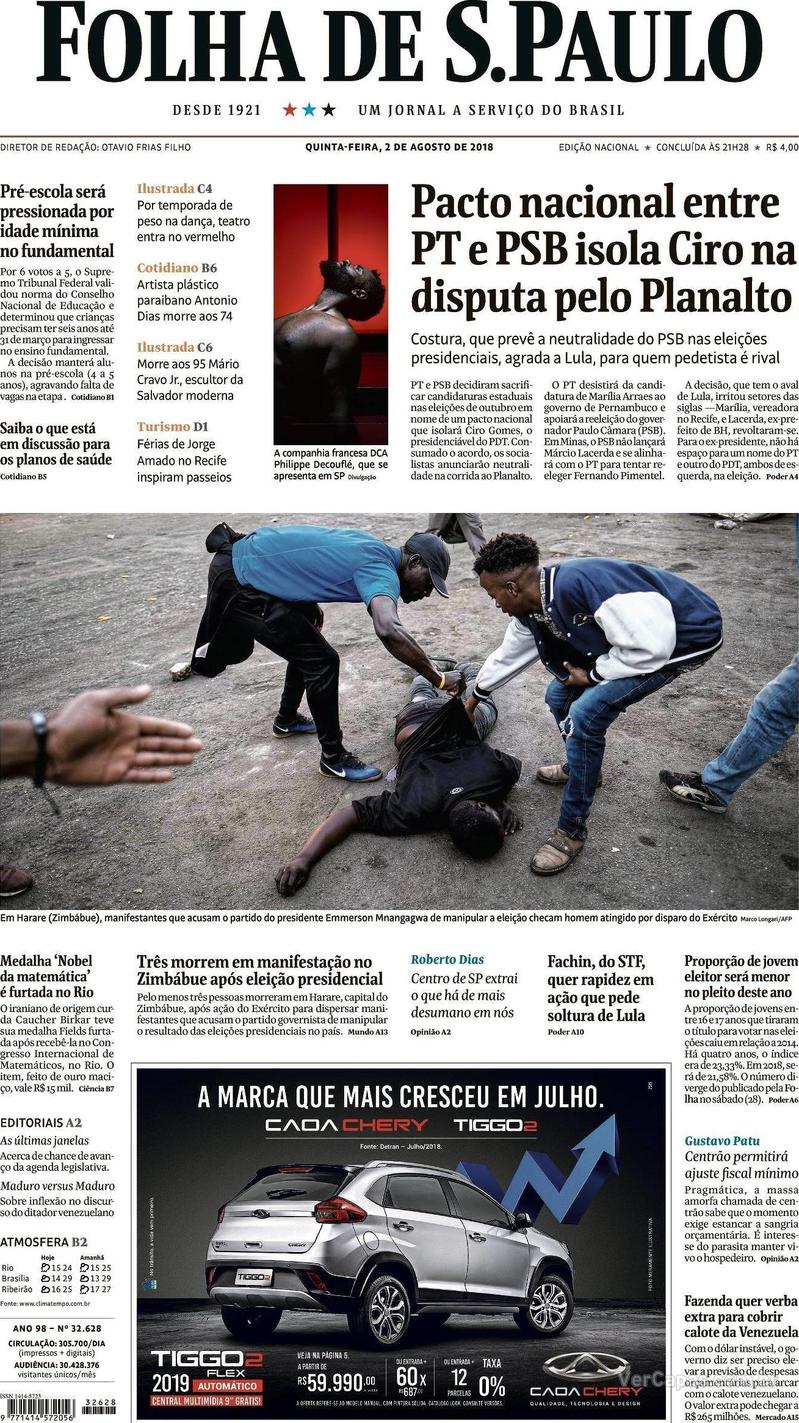 Capa Folha de S.Paulo 2018-08-02