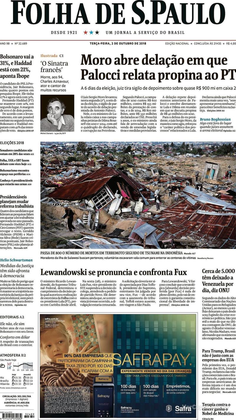 Capa Folha de S.Paulo 2018-10-02