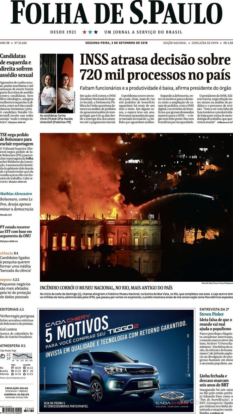 Capa Folha de S.Paulo 2018-09-03