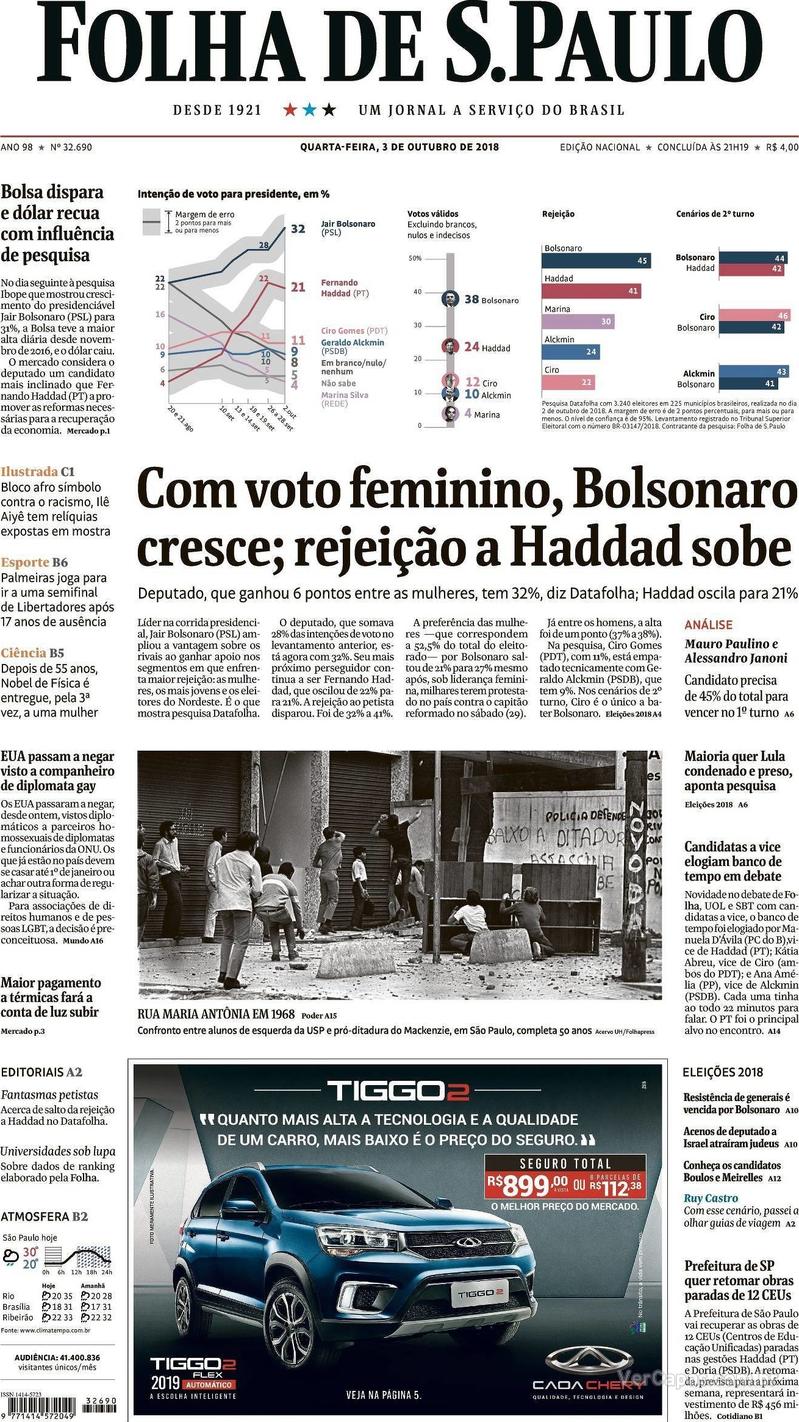 Capa Folha de S.Paulo 2018-10-03