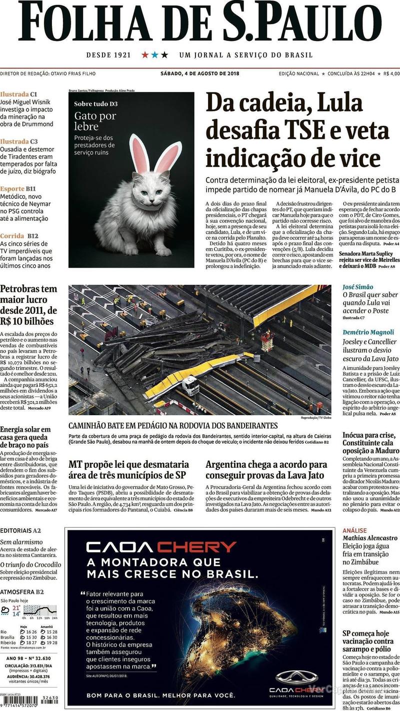 Capa Folha de S.Paulo 2018-08-04