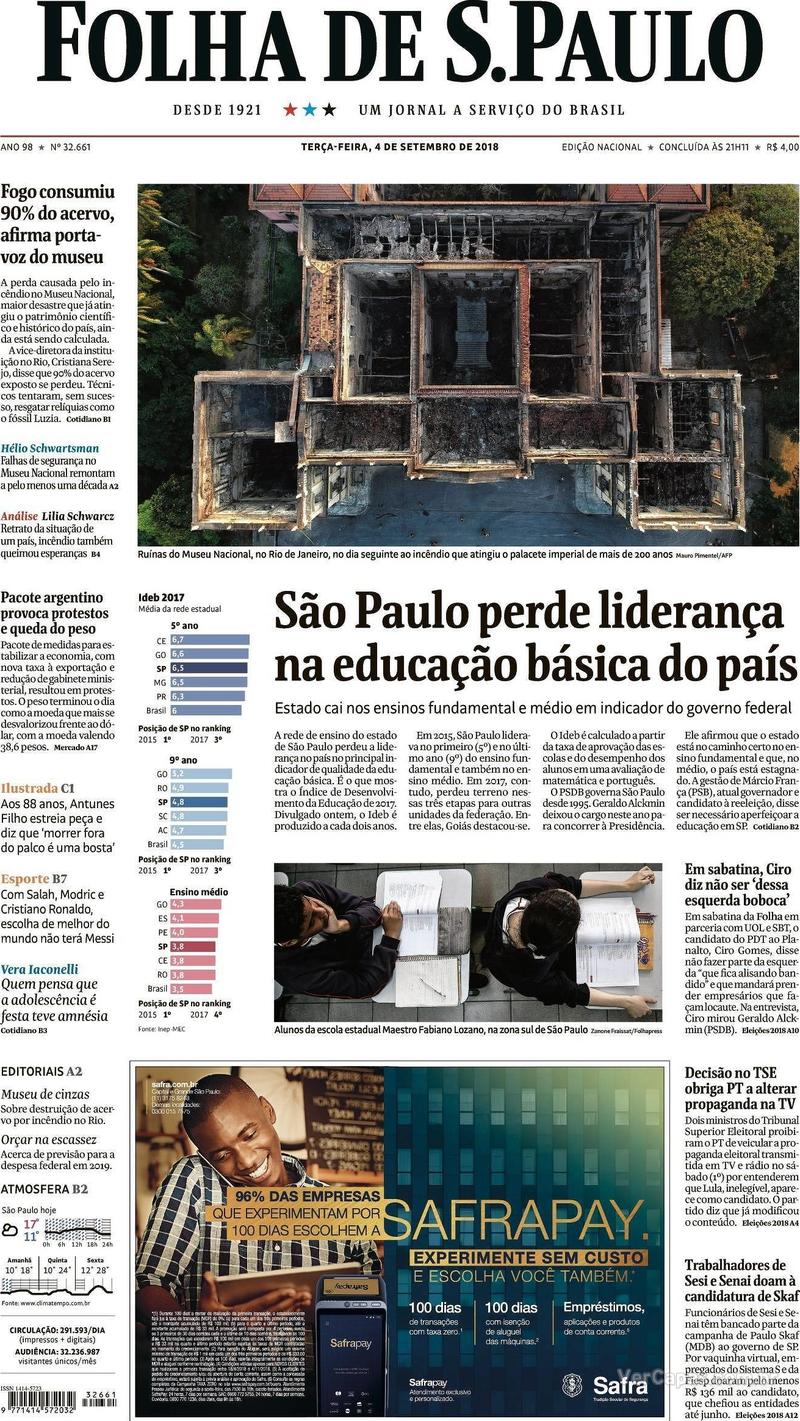 Capa Folha de S.Paulo 2018-09-04