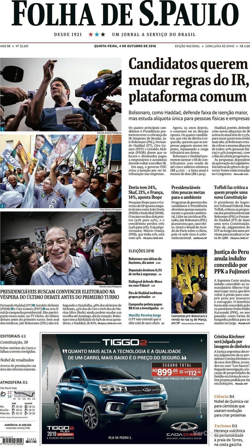 Capa Folha de S.Paulo 2018-10-04