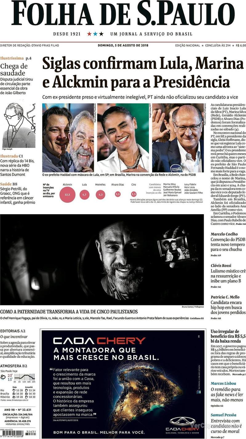 Capa Folha de S.Paulo 2018-08-05
