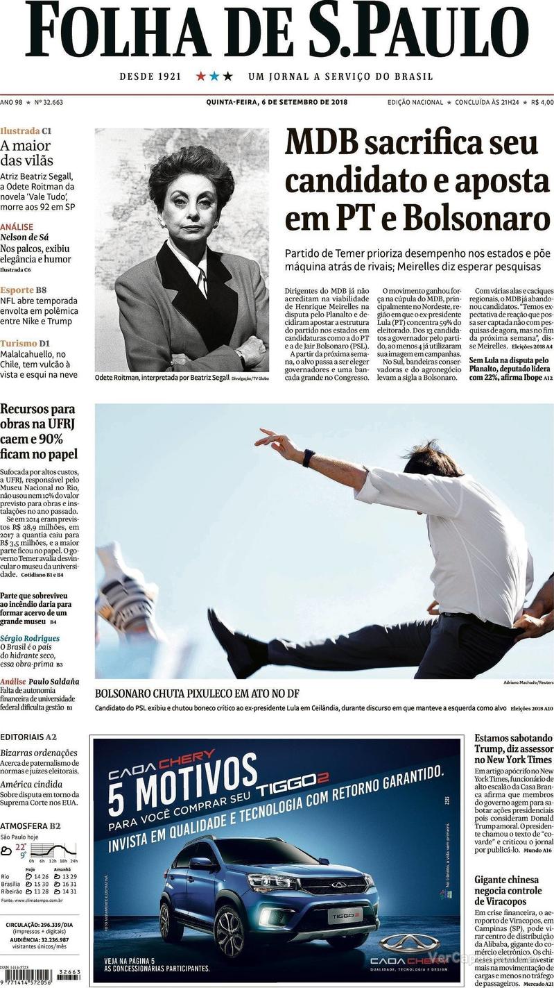 Capa Folha de S.Paulo 2018-09-06