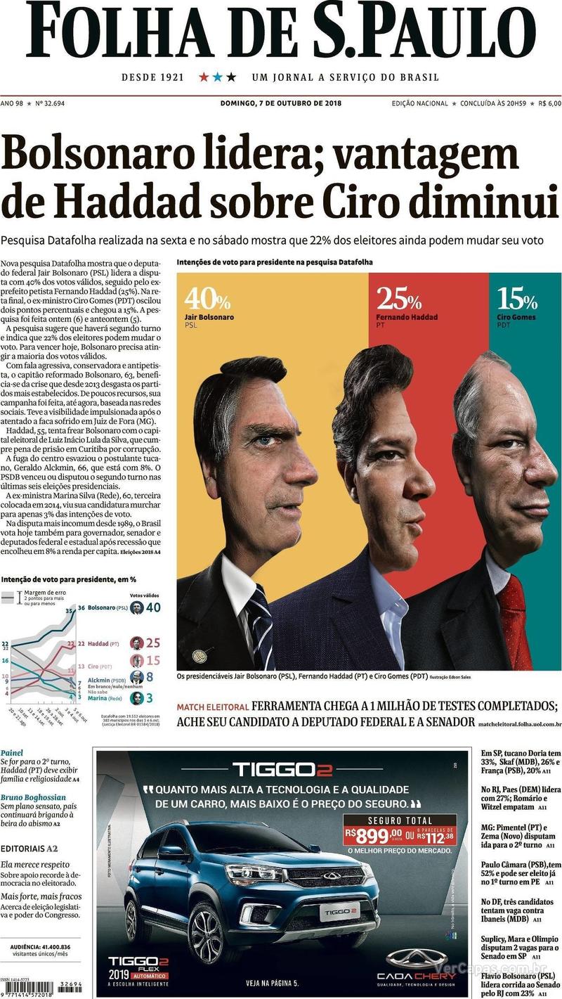 Capa Folha de S.Paulo 2018-10-07
