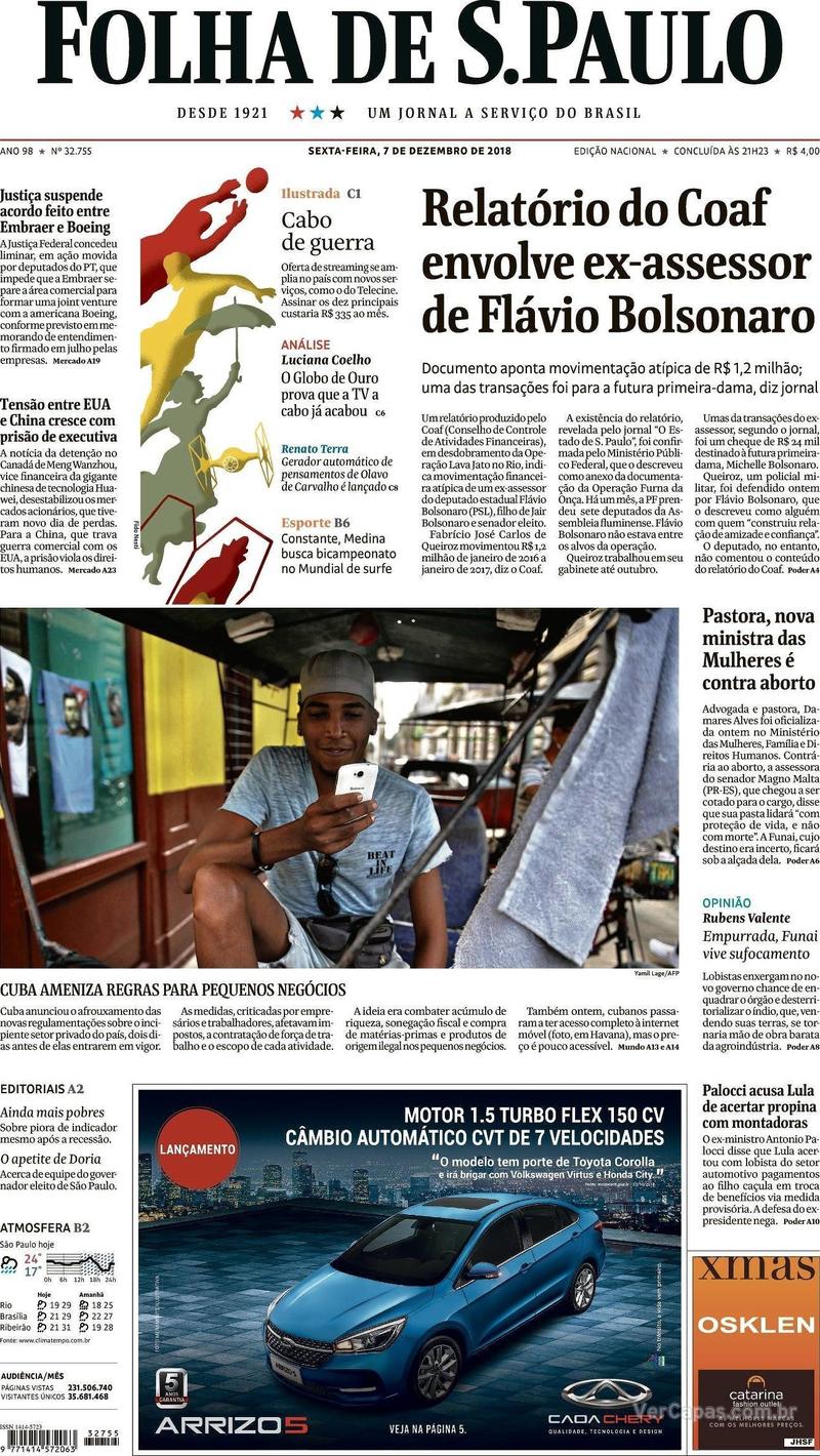 Capa Folha de S.Paulo 2018-12-07