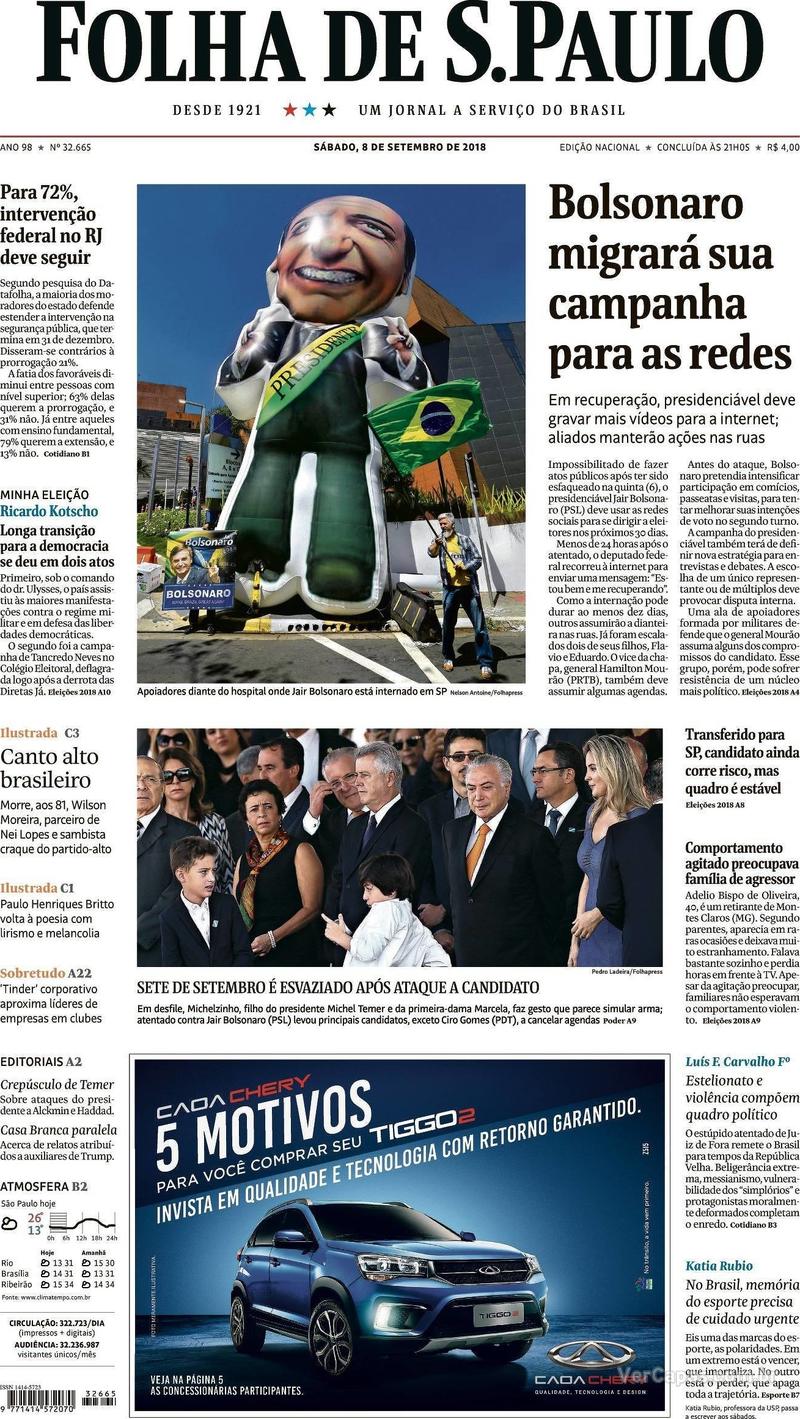 Capa Folha de S.Paulo 2018-09-08
