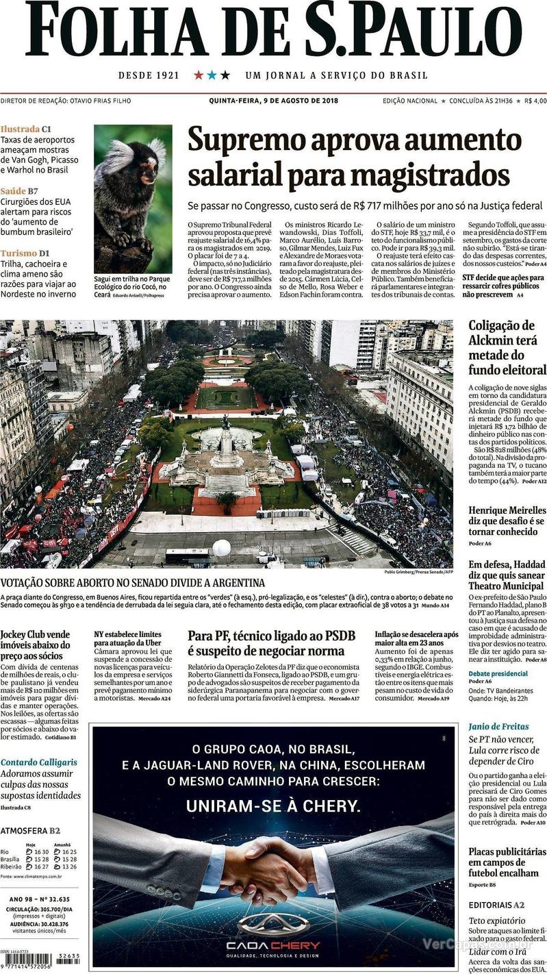 Capa Folha de S.Paulo 2018-08-09