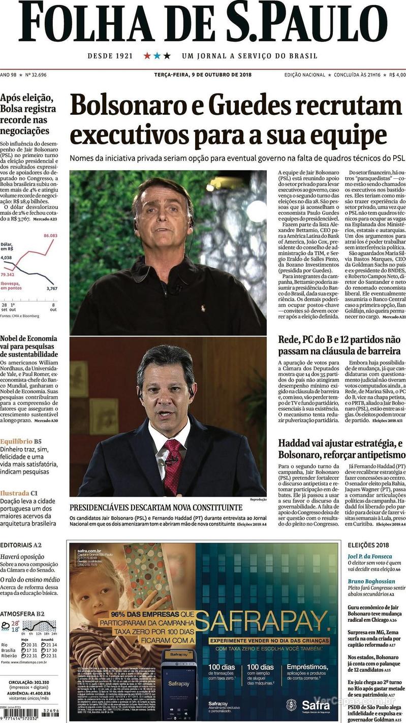 Capa Folha de S.Paulo 2018-10-09