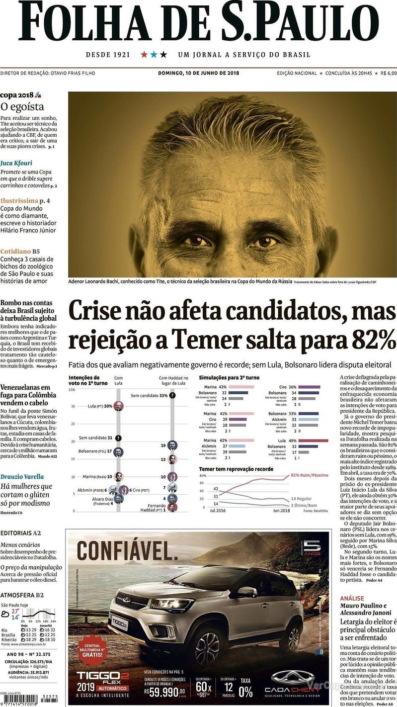 Capa Folha de S.Paulo 2018-06-10