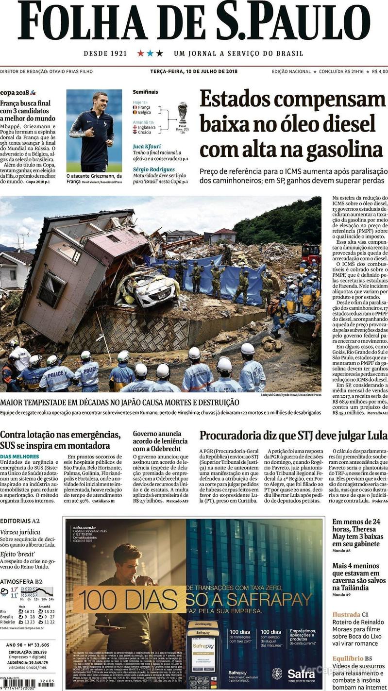 Capa Folha de S.Paulo 2018-07-10