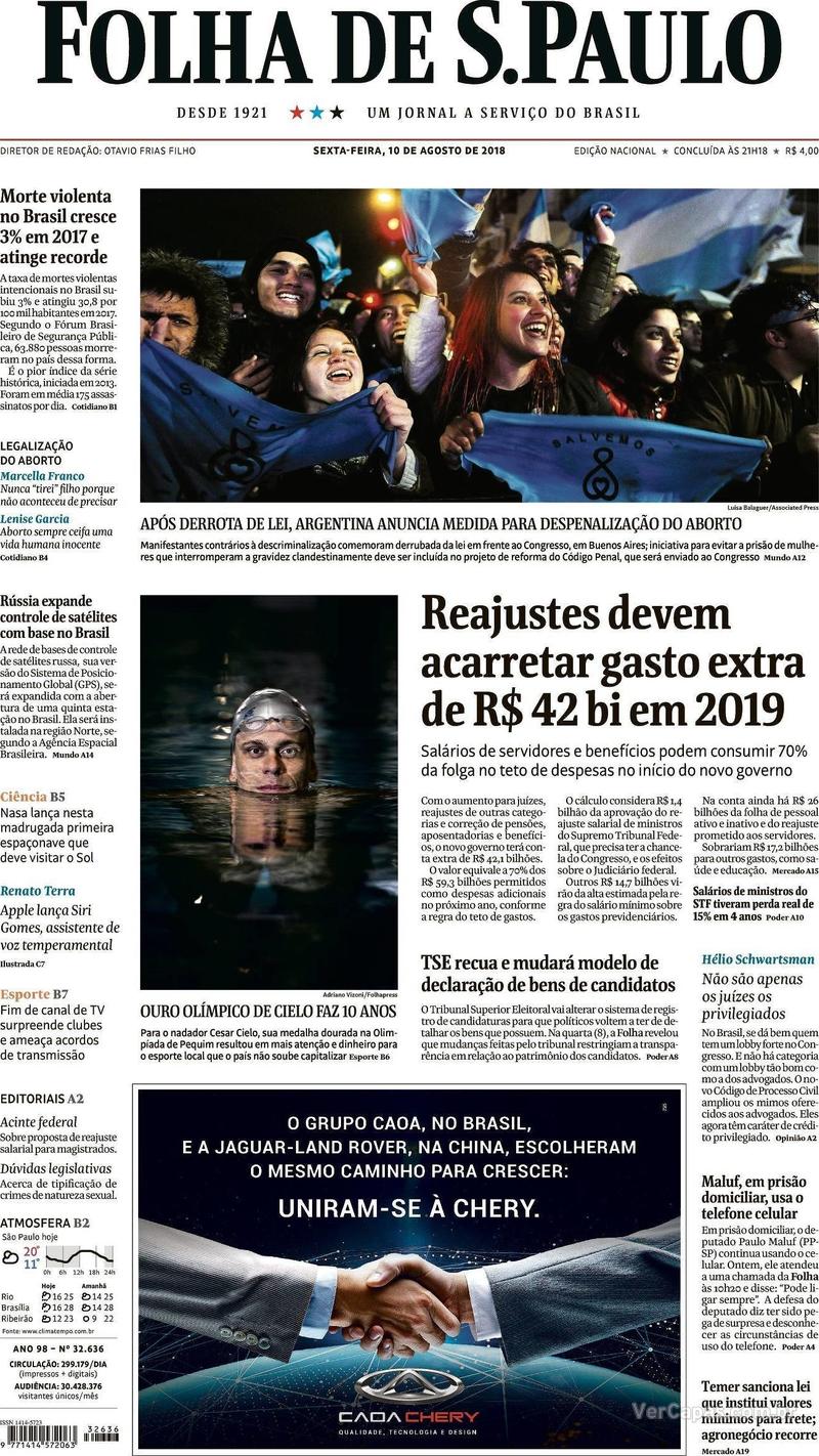 Capa Folha de S.Paulo 2018-08-10