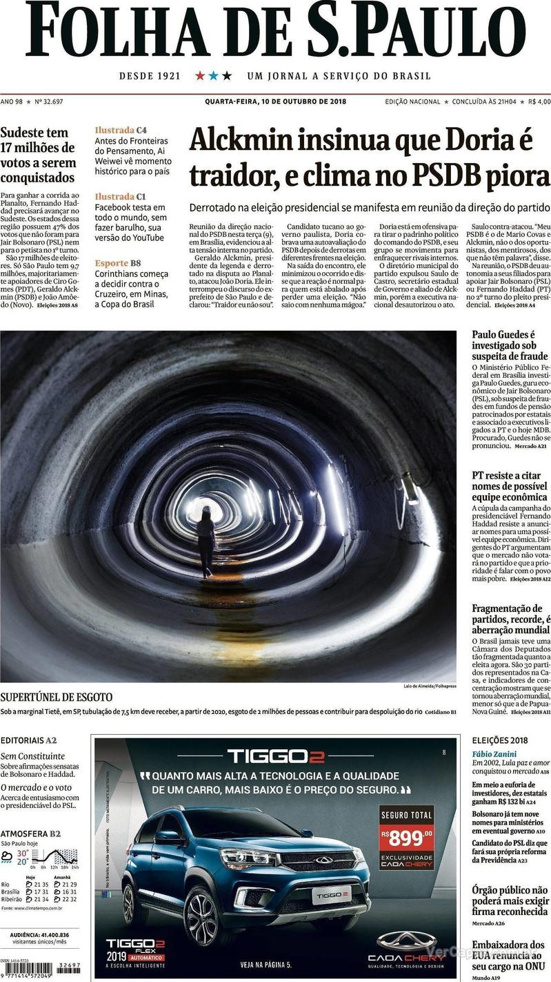 Capa Folha de S.Paulo 2018-10-10
