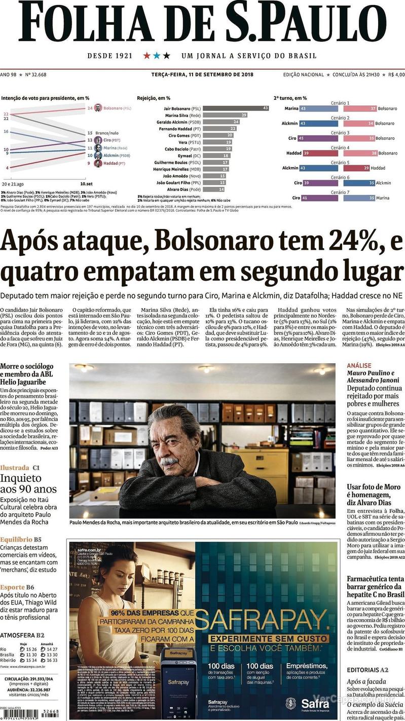 Capa Folha de S.Paulo 2018-09-11